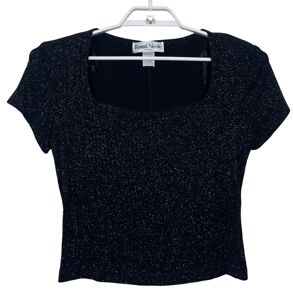 Vintage Ronni Nicole Black Sparkle Top Ribbed Square Neck S 90s Y2K Witchy Vampy